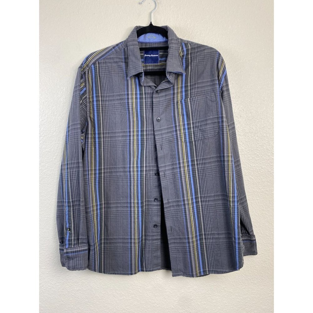 💜 Tommy Bahama Silk Cotton Mens Shirt size Large Gray Plaid Long Sleeve Vacatio